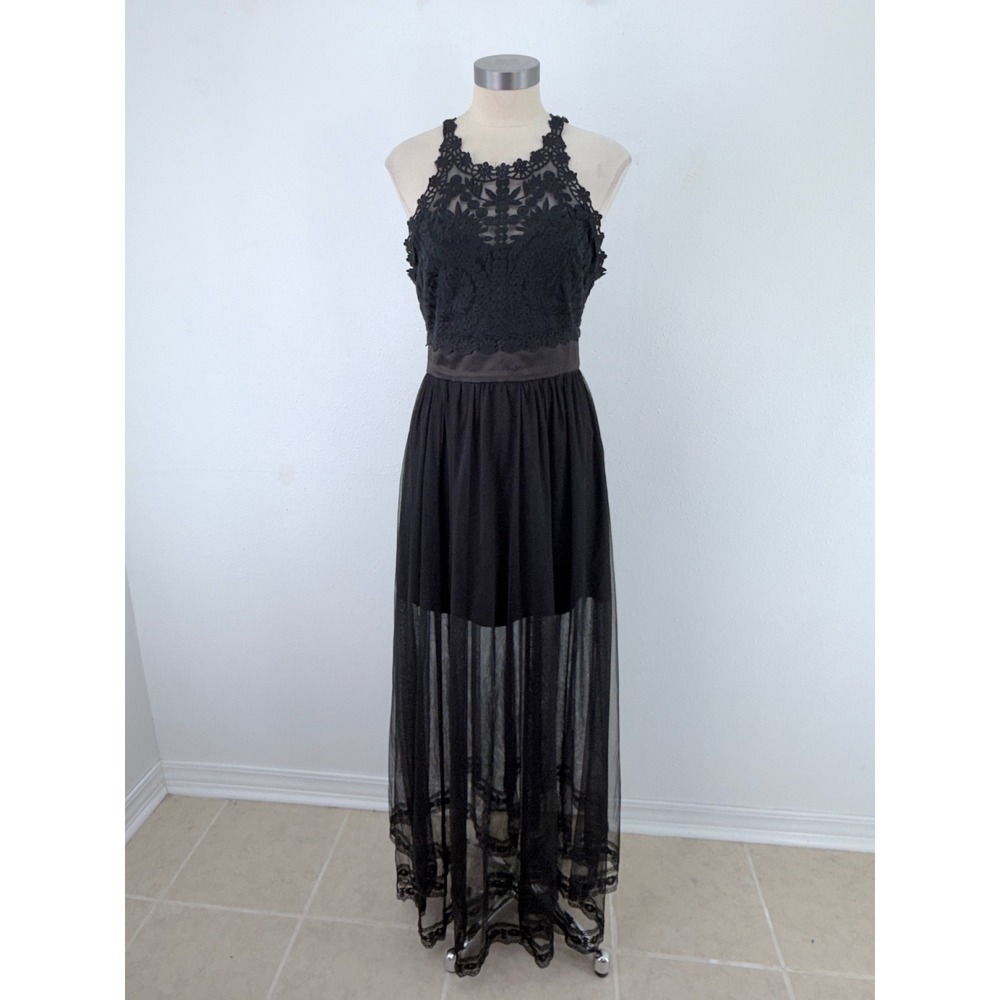 bebe Black Lace Sheer Overlay Womens Maxi Dress 6 Whimsigoth Witchy